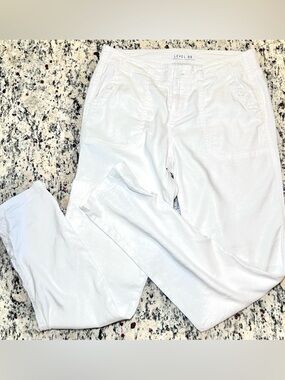 Level 99 Anthropologie White Linen Utility Button-Front Pants with Cuffs